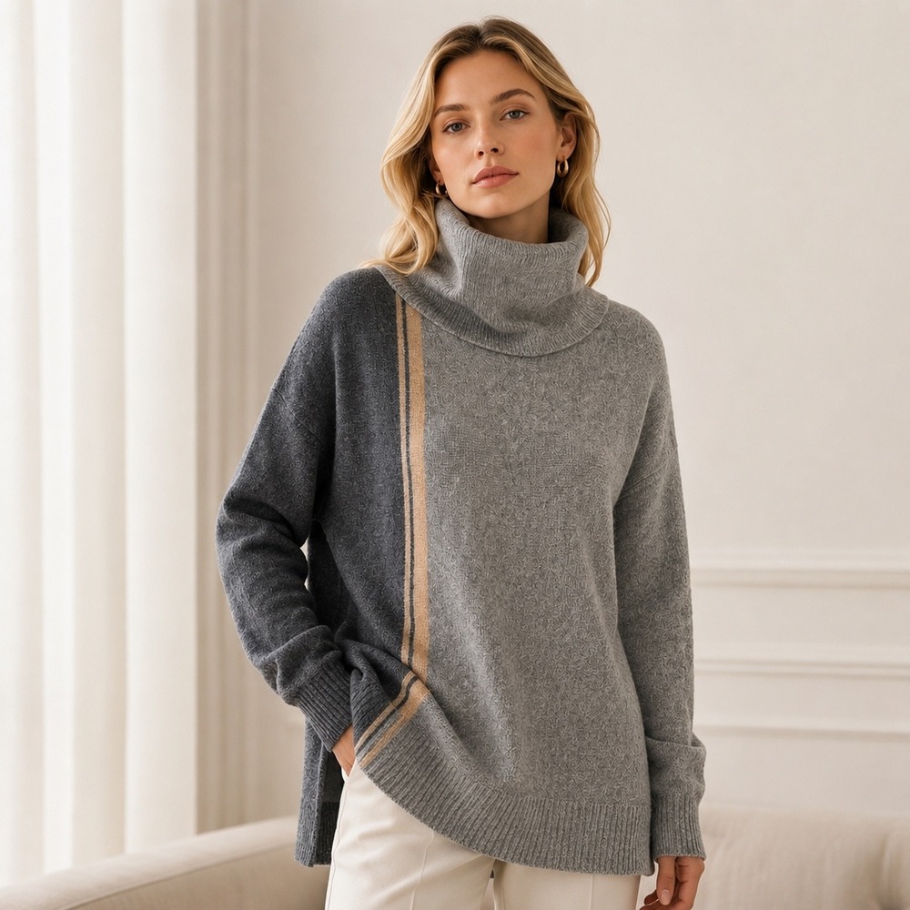 Max Studio Grey Colorblock Cowl Neck Sweater Oversized Longline Tunic Slit S